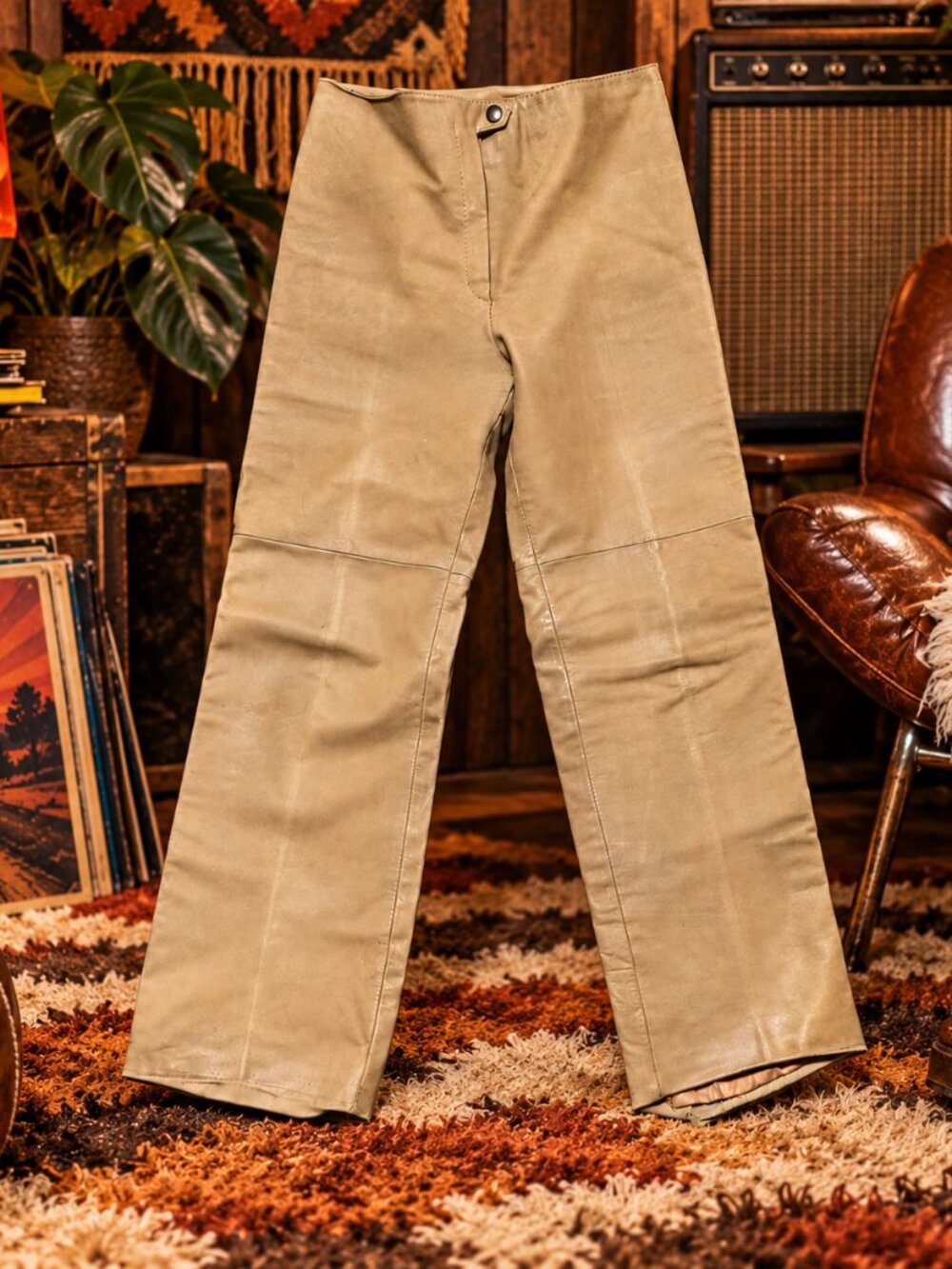 Vintage Leather Pants Tan High Waist Straight Leg Distressed Patina Unbranded